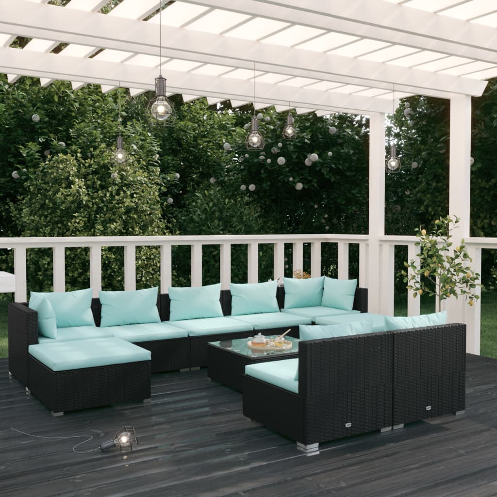 9 Piece Patio Lounge Set With Cushions Black Poly Rattan