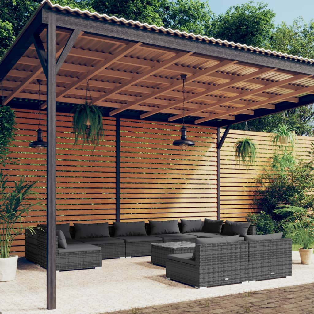 9 Piece Patio Lounge Set With Cushions Black Poly Rattan