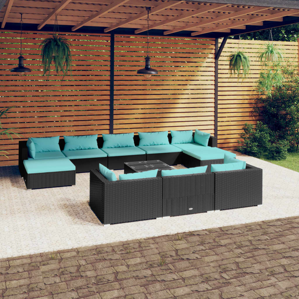 9 Piece Patio Lounge Set With Cushions Black Poly Rattan