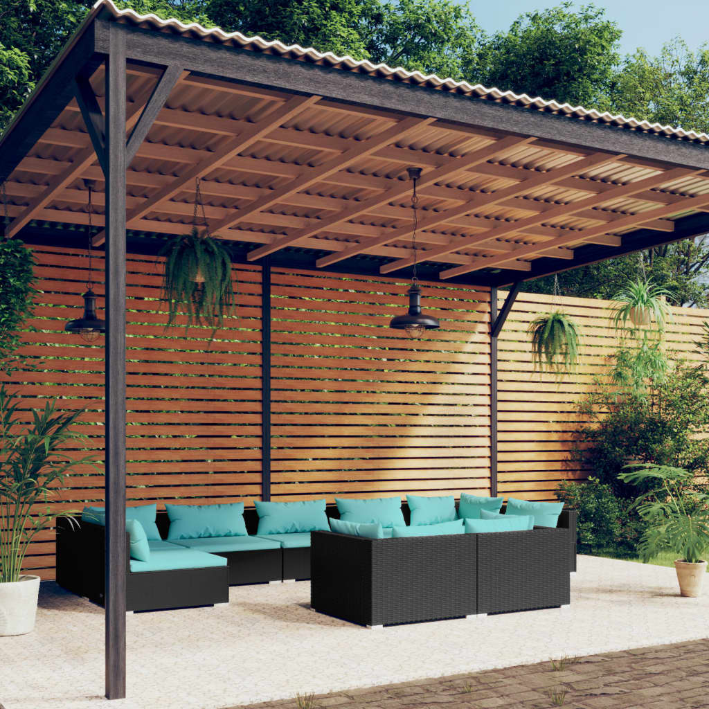 9 Piece Patio Lounge Set With Cushions Black Poly Rattan