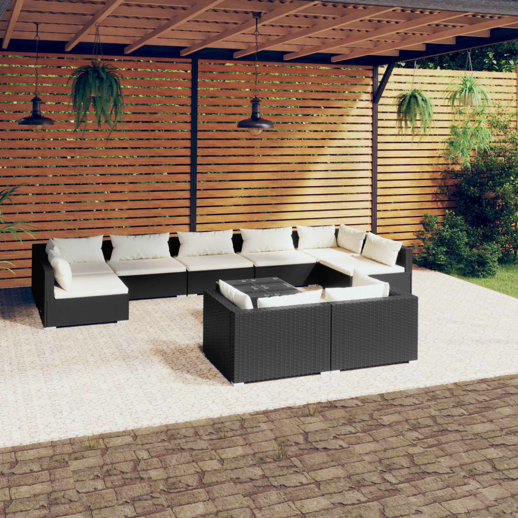 9 Piece Patio Lounge Set With Cushions Black Poly Rattan