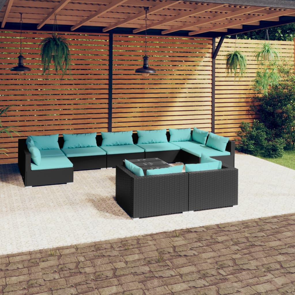 9 Piece Patio Lounge Set With Cushions Black Poly Rattan