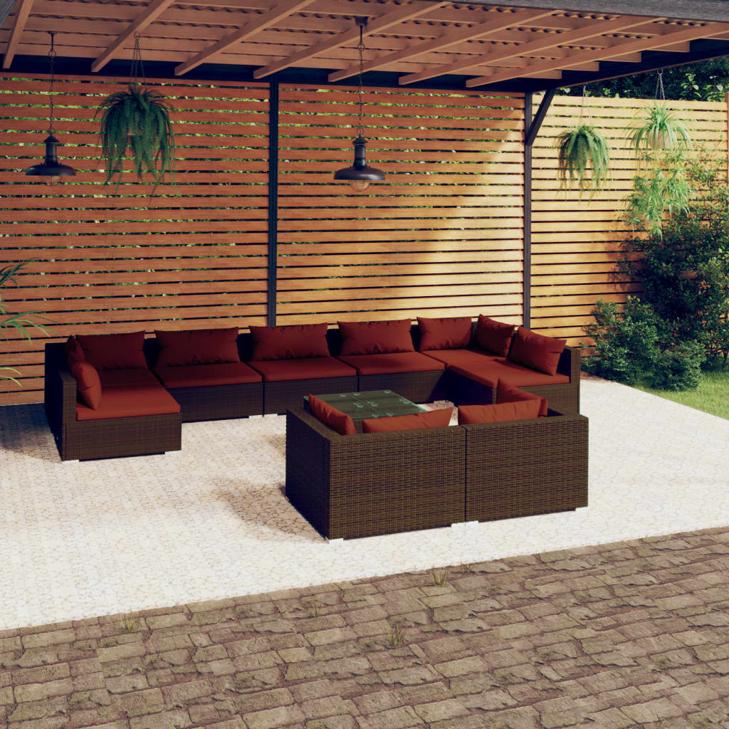 9 Piece Patio Lounge Set With Cushions Black Poly Rattan