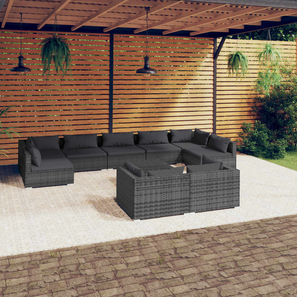 9 Piece Patio Lounge Set With Cushions Black Poly Rattan