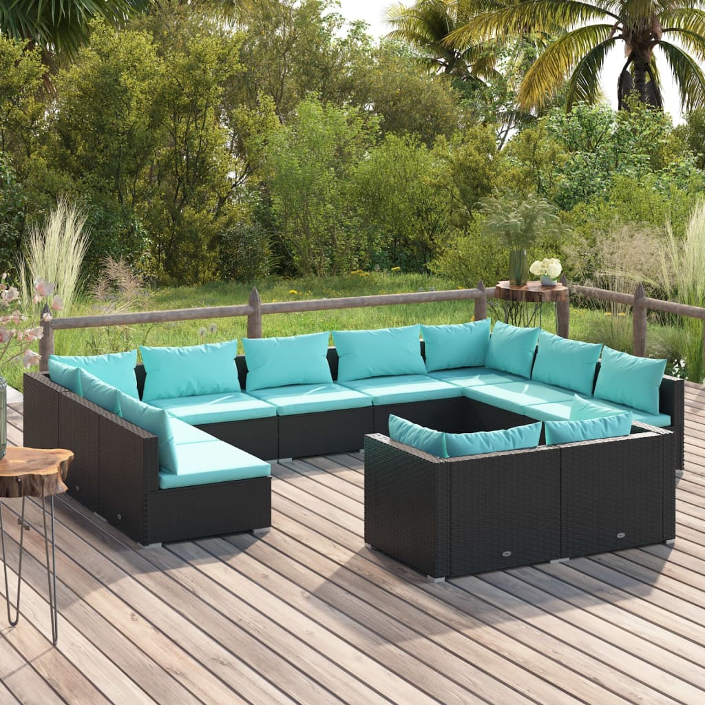 9 Piece Patio Lounge Set With Cushions Black Poly Rattan