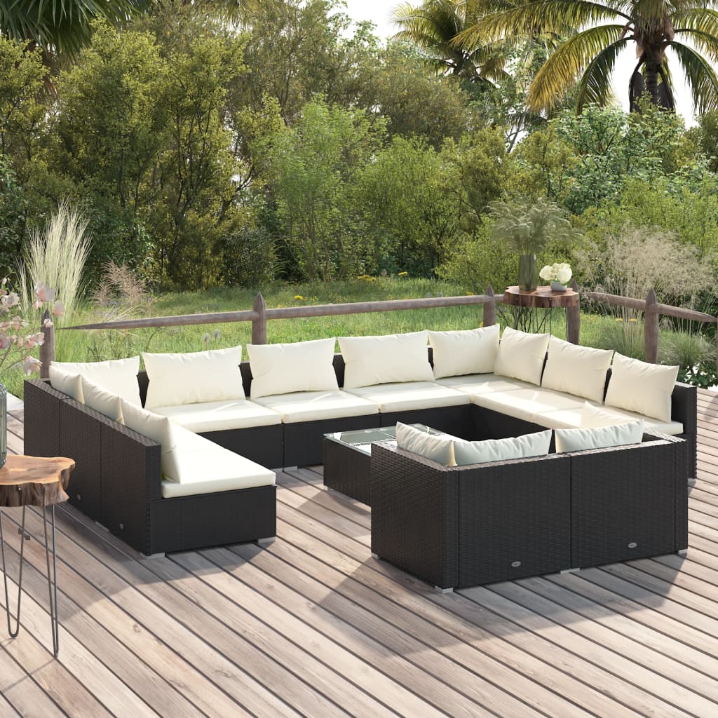 9 Piece Patio Lounge Set With Cushions Black Poly Rattan