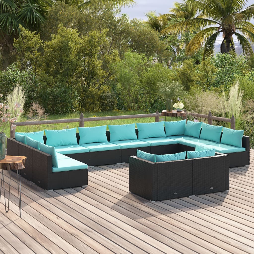 9 Piece Patio Lounge Set With Cushions Black Poly Rattan