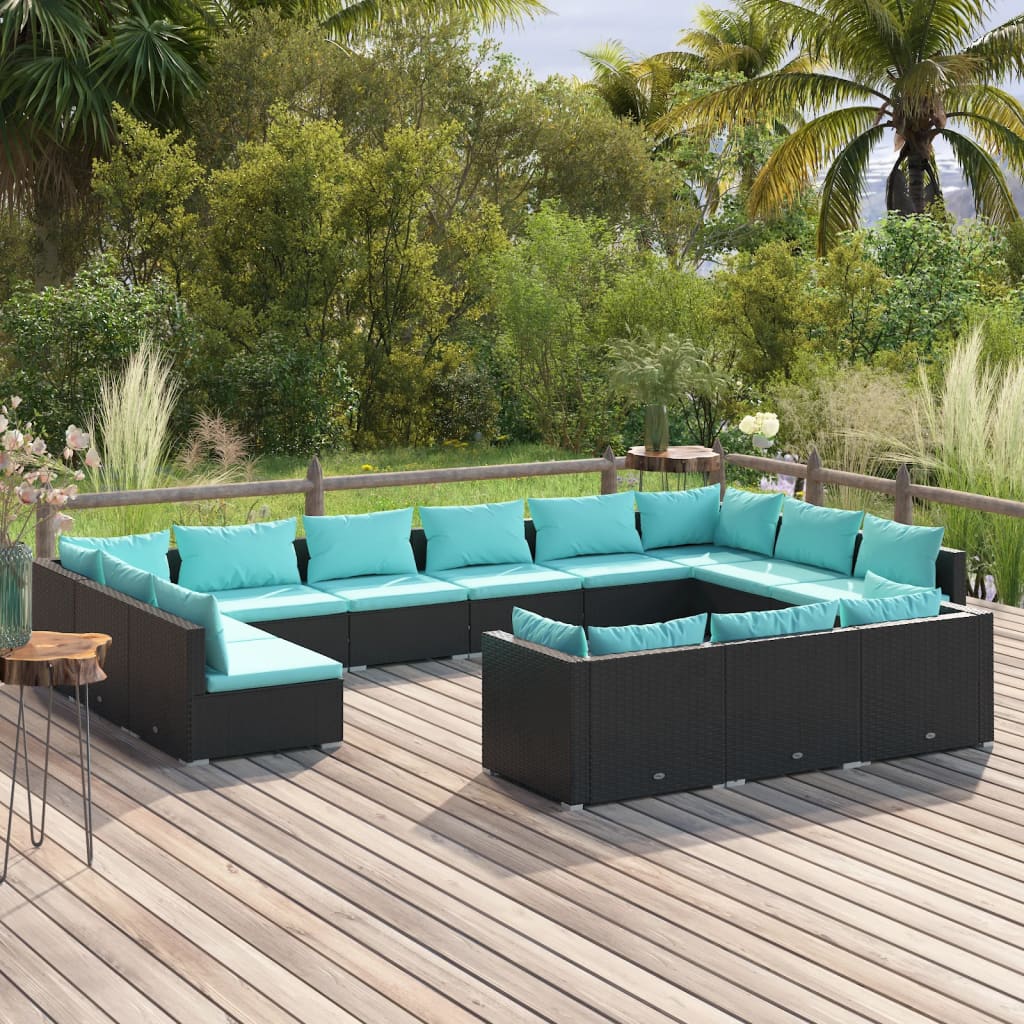 9 Piece Patio Lounge Set With Cushions Black Poly Rattan