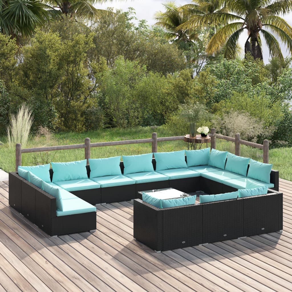 9 Piece Patio Lounge Set With Cushions Black Poly Rattan