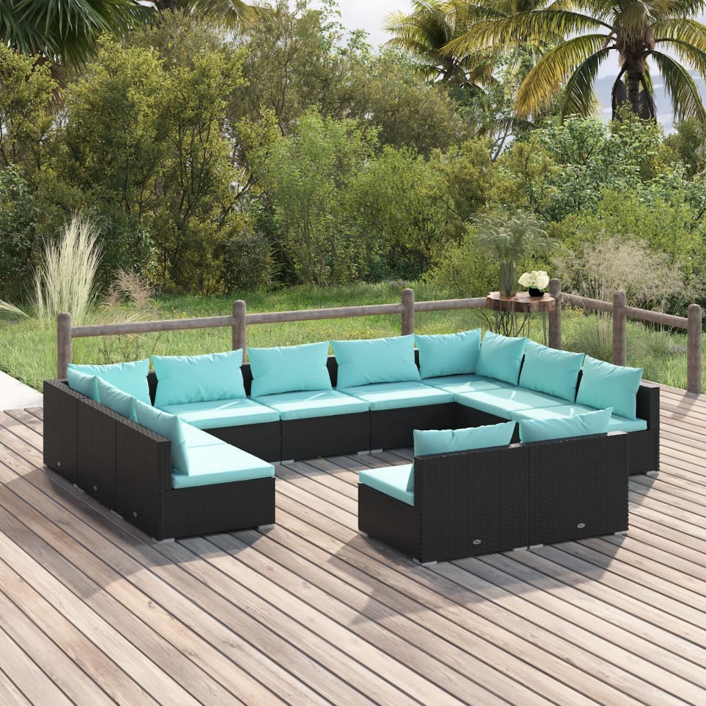 9 Piece Patio Lounge Set With Cushions Black Poly Rattan