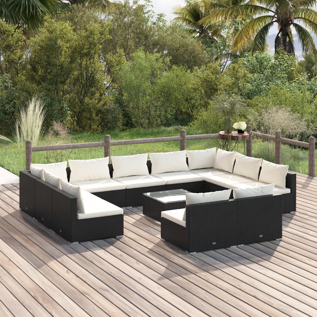 9 Piece Patio Lounge Set With Cushions Black Poly Rattan