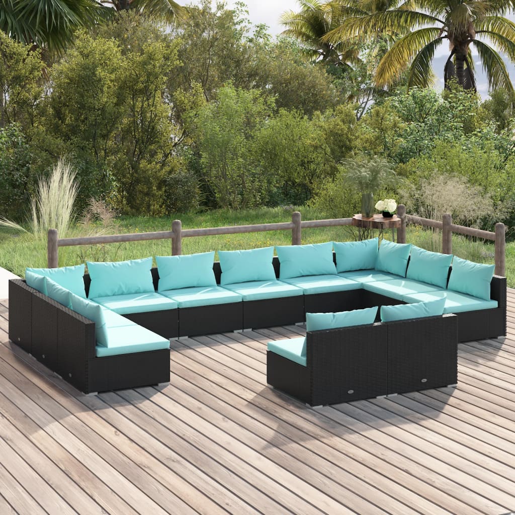 9 Piece Patio Lounge Set With Cushions Black Poly Rattan