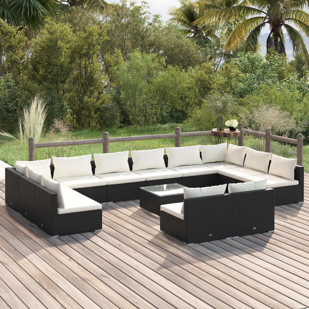 9 Piece Patio Lounge Set With Cushions Black Poly Rattan