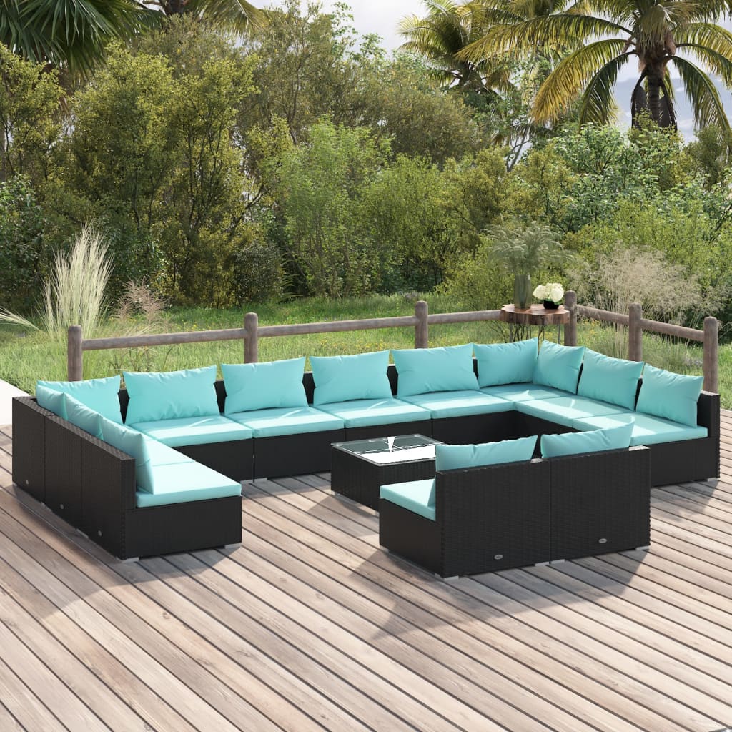 9 Piece Patio Lounge Set With Cushions Black Poly Rattan