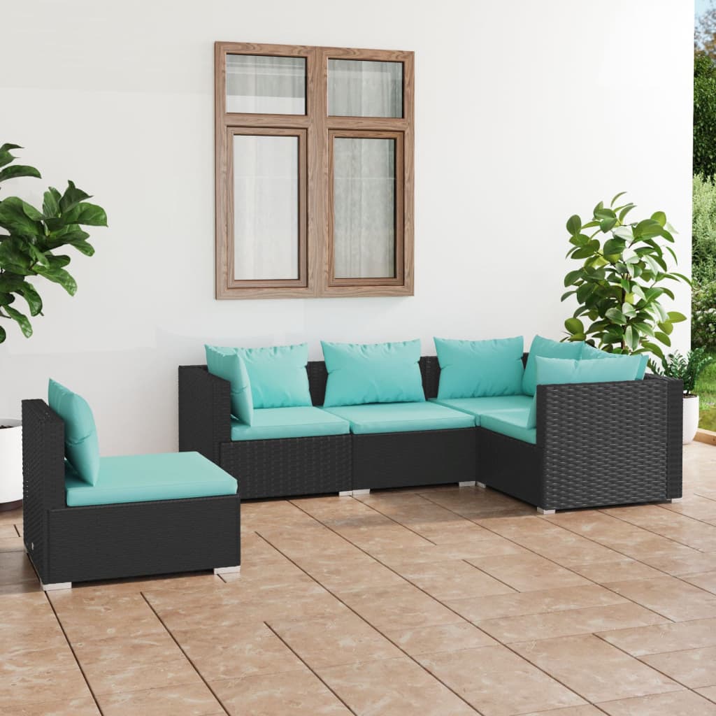 5 Piece Patio Lounge Set With Cushions Poly Rattan Brown