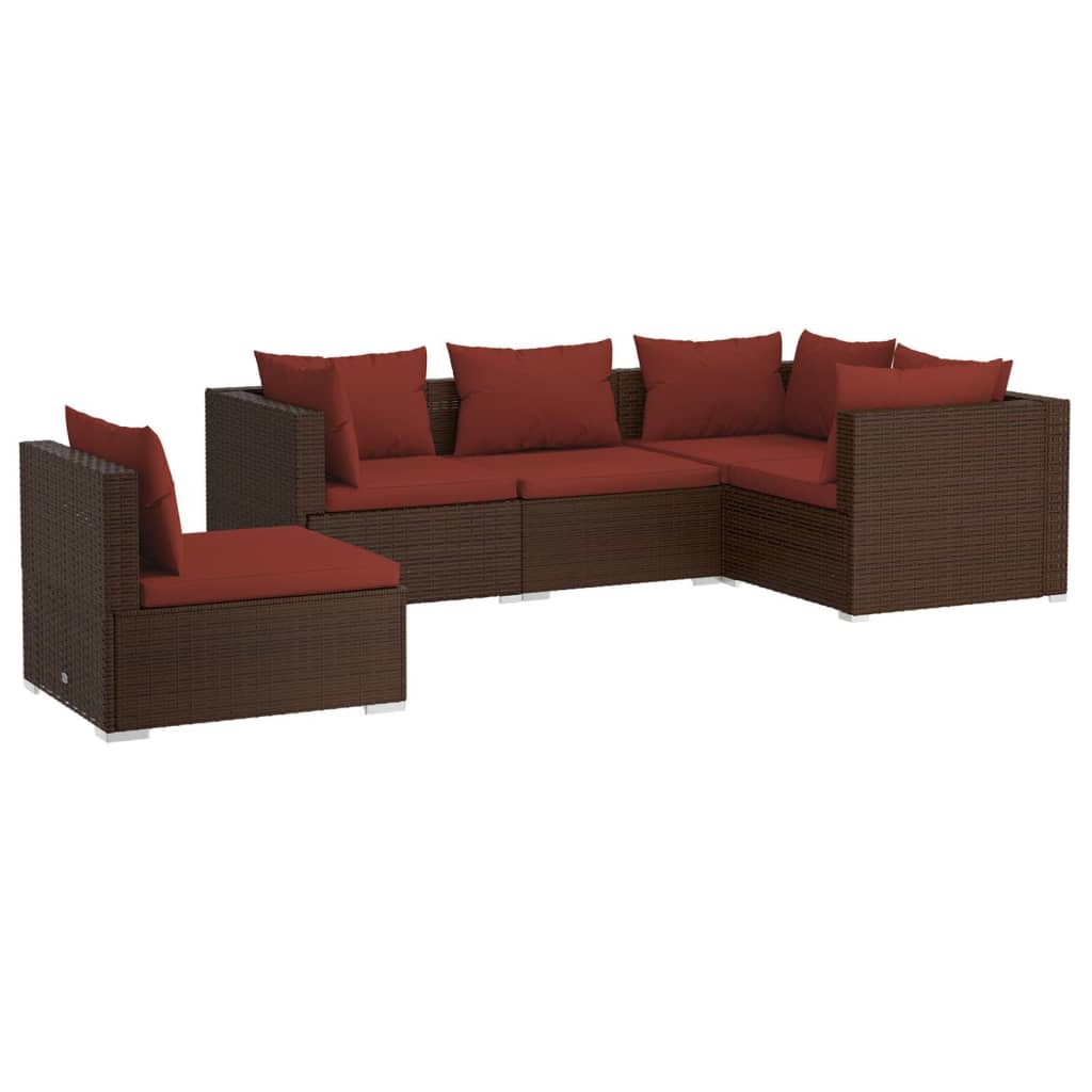 5 Piece Patio Lounge Set With Cushions Poly Rattan Brown