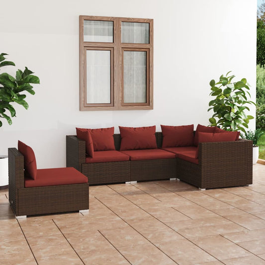 5 Piece Patio Lounge Set With Cushions Poly Rattan Brown