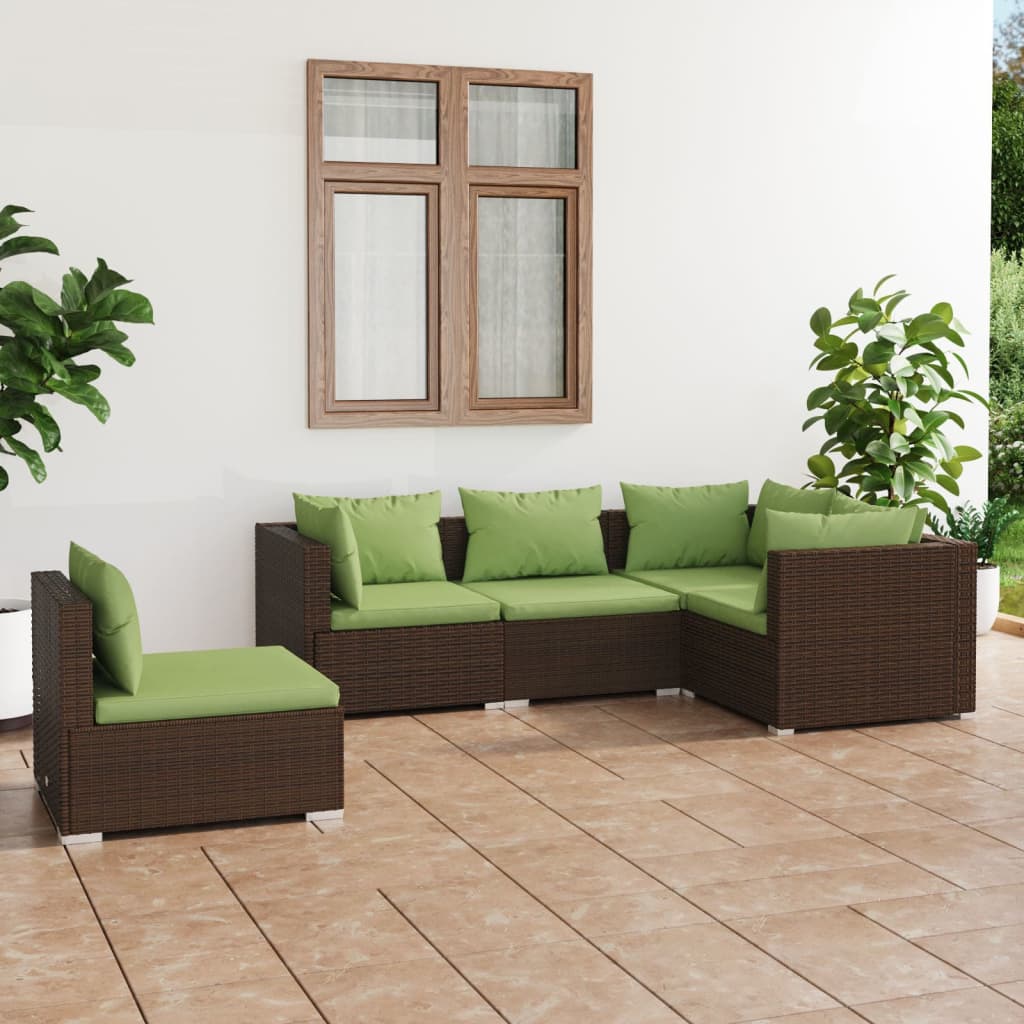 5 Piece Patio Lounge Set With Cushions Poly Rattan Brown