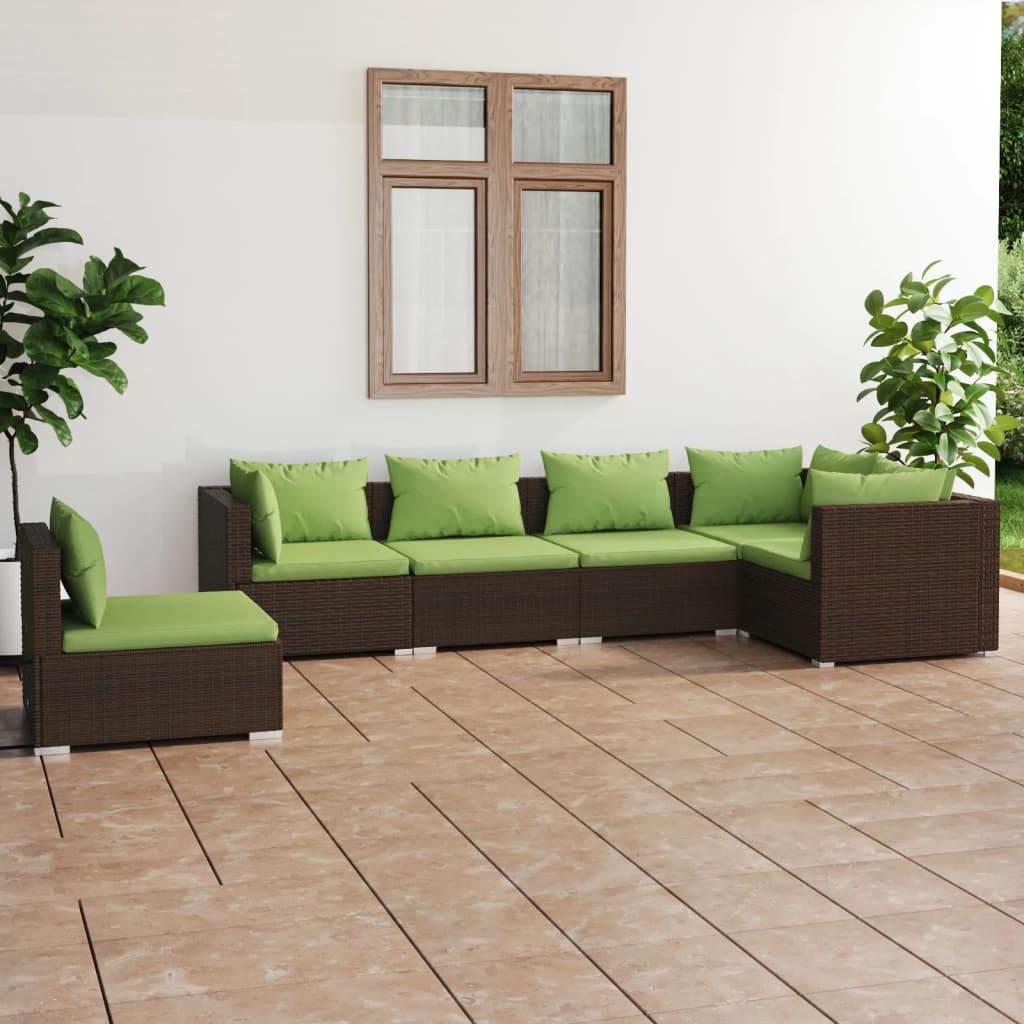 5 Piece Patio Lounge Set With Cushions Poly Rattan Brown