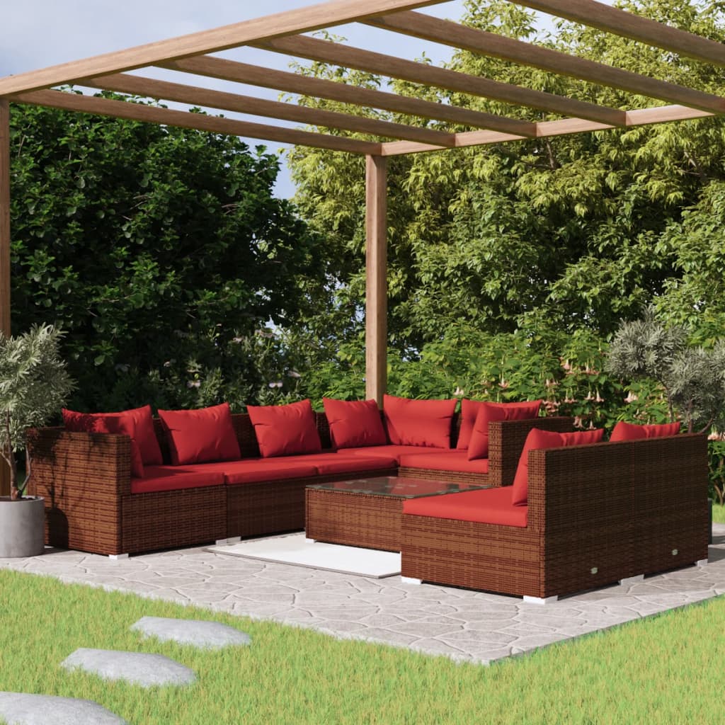 7 Piece Patio Lounge Set With Cushions Brown Poly Rattan