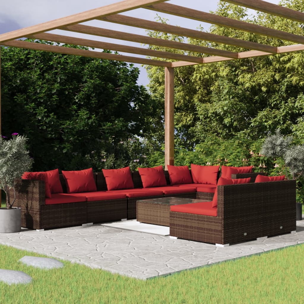 7 Piece Patio Lounge Set With Cushions Brown Poly Rattan