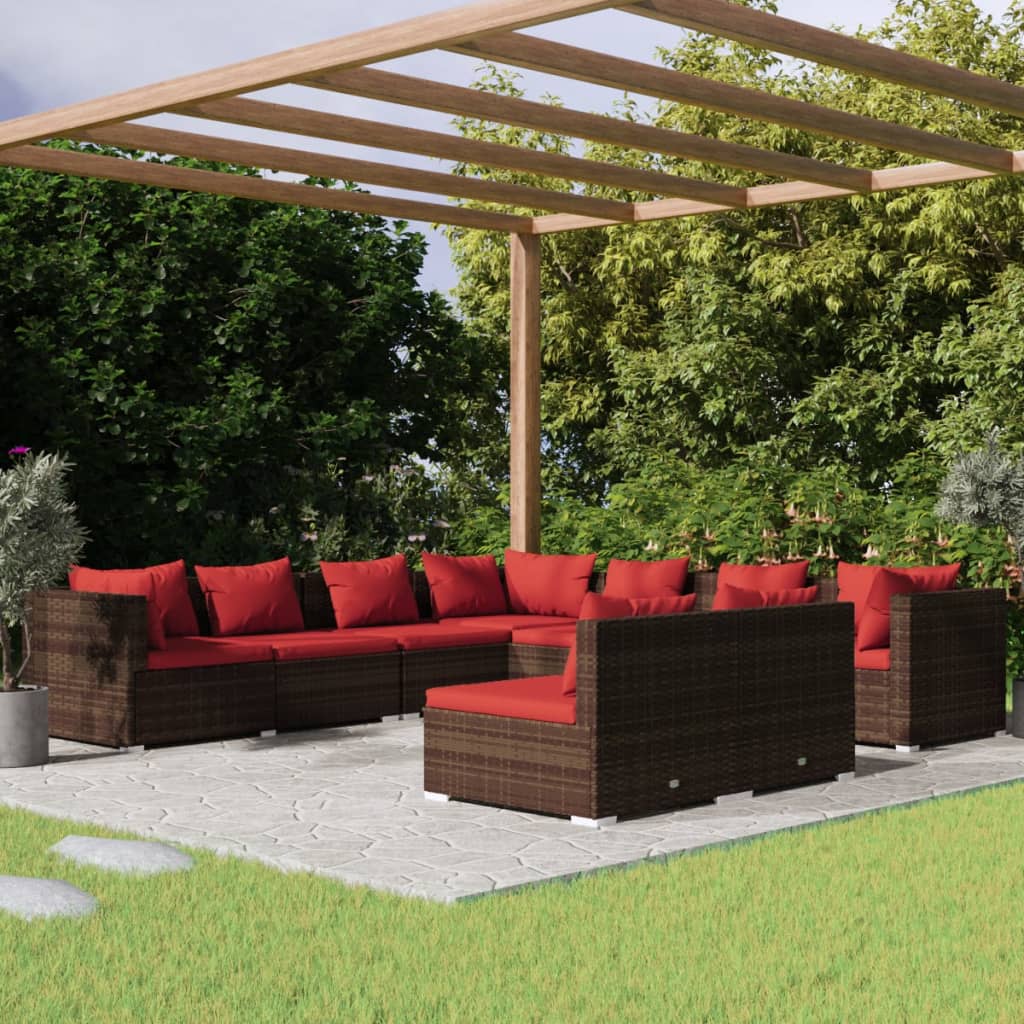 7 Piece Patio Lounge Set With Cushions Brown Poly Rattan