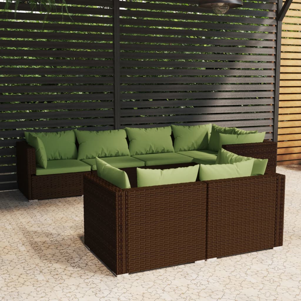 7 Piece Patio Lounge Set With Cushions Brown Poly Rattan