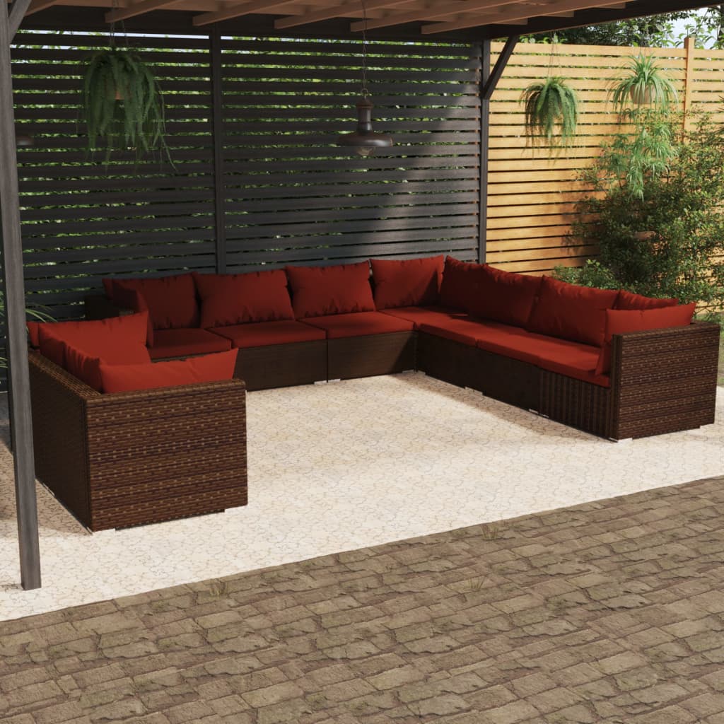 7 Piece Patio Lounge Set With Cushions Brown Poly Rattan