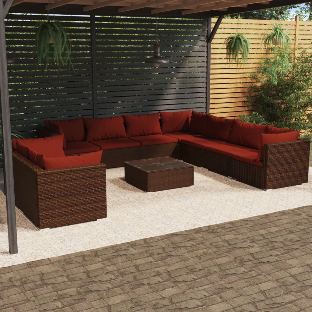 7 Piece Patio Lounge Set With Cushions Brown Poly Rattan