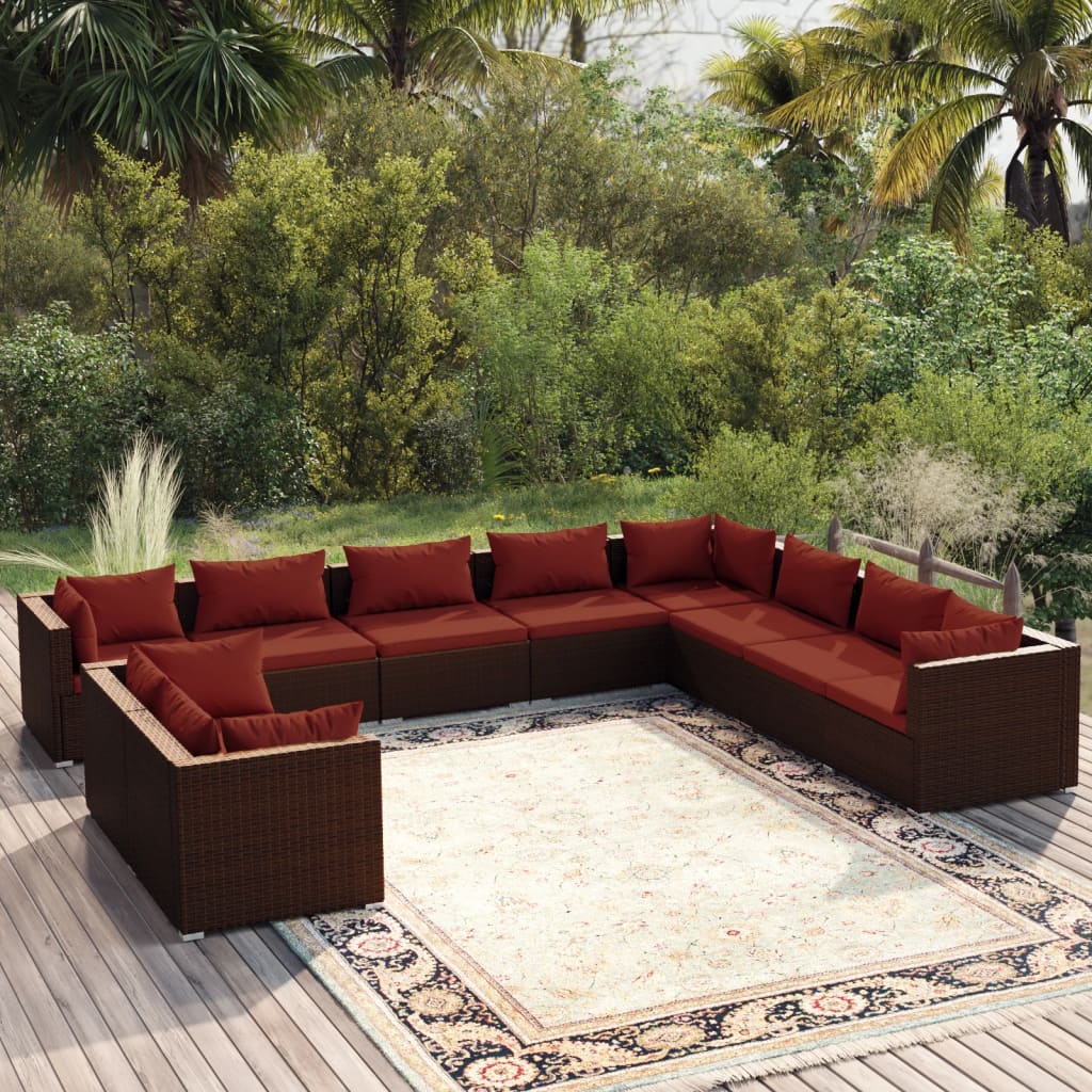 7 Piece Patio Lounge Set With Cushions Brown Poly Rattan