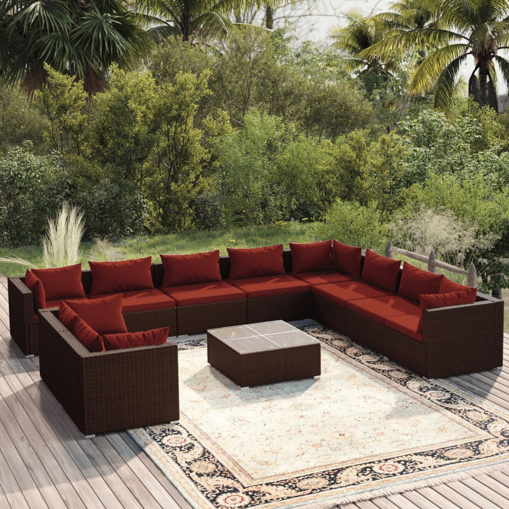 7 Piece Patio Lounge Set With Cushions Brown Poly Rattan