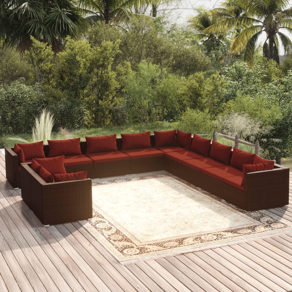 7 Piece Patio Lounge Set With Cushions Brown Poly Rattan