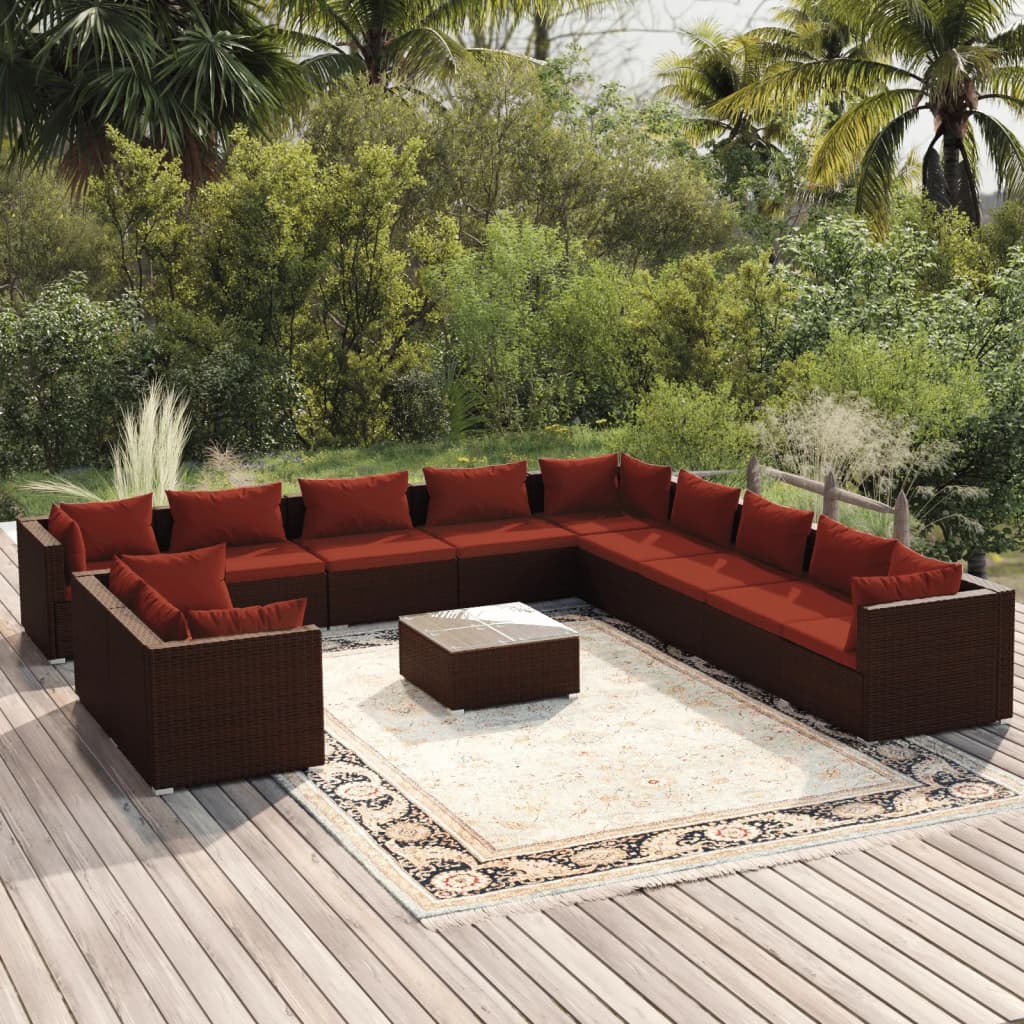 7 Piece Patio Lounge Set With Cushions Brown Poly Rattan