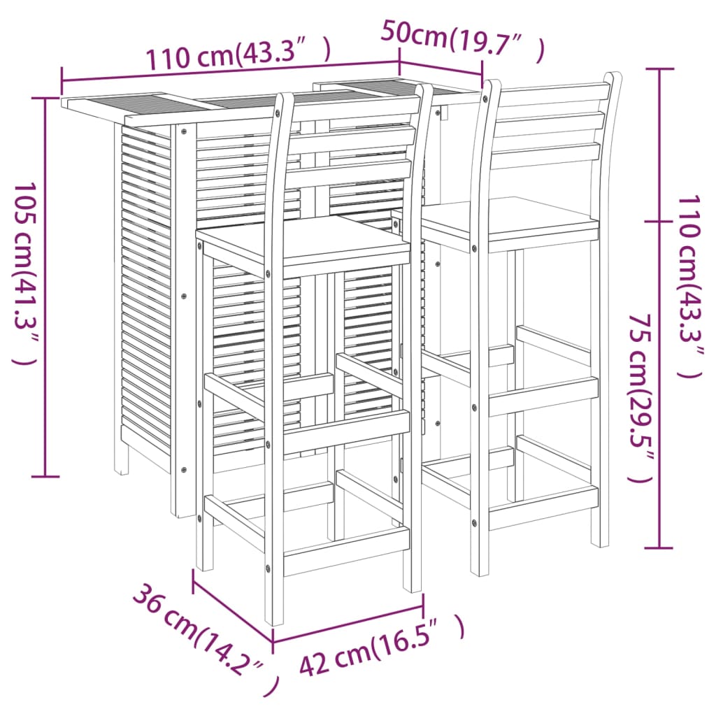 3 Piece Patio Bar Set Solid Wood Acacia