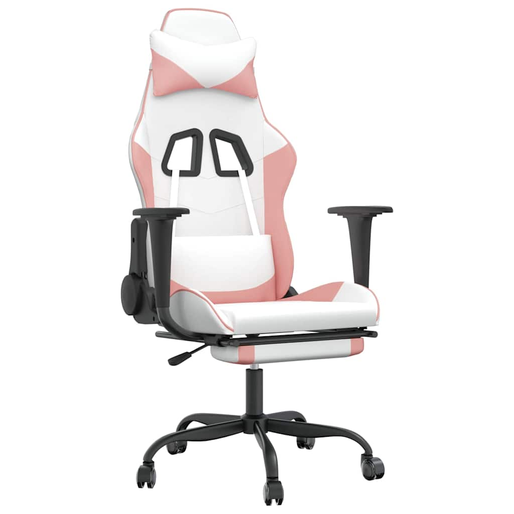 Massage Gaming Chair White&Pink Faux Leather