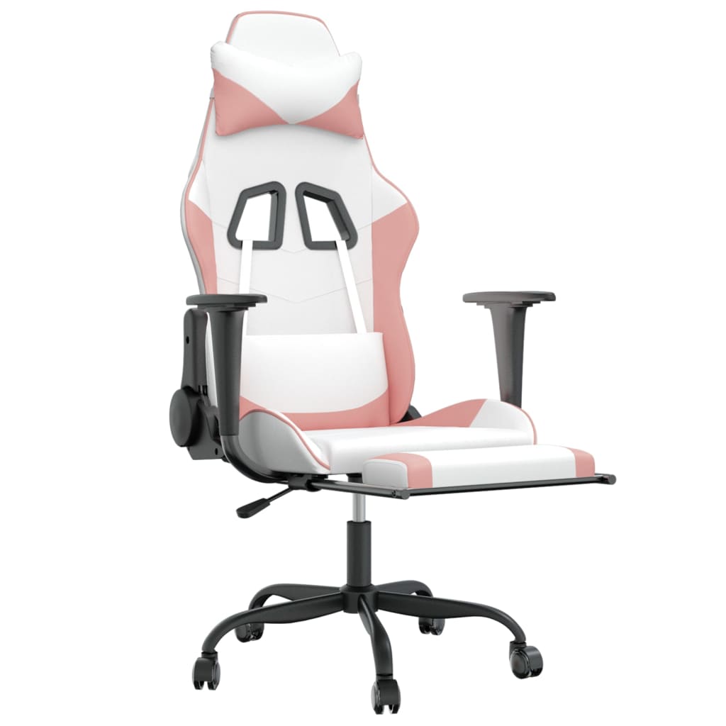 Massage Gaming Chair White&Pink Faux Leather