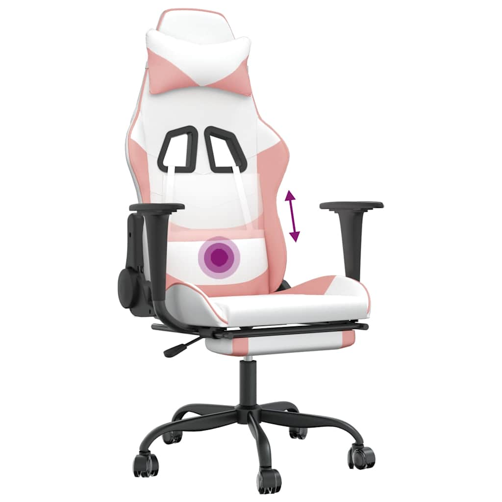 Massage Gaming Chair White&Pink Faux Leather