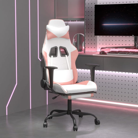 Massage Gaming Chair White&Pink Faux Leather