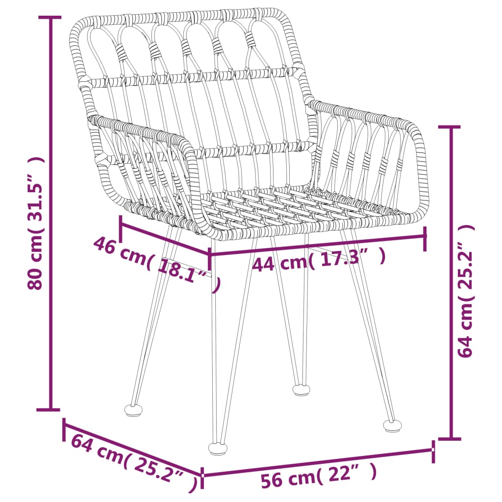 Patio Chairs 2 Pcs With Armrest 22&quot;X25.2&quot;X31.5&quot; Pe Rattan