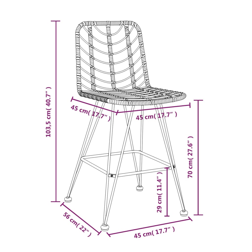 Bar Stools 2 Pcs 17.7&quot;X22&quot;X40.7&quot; Pe Rattan And Steel