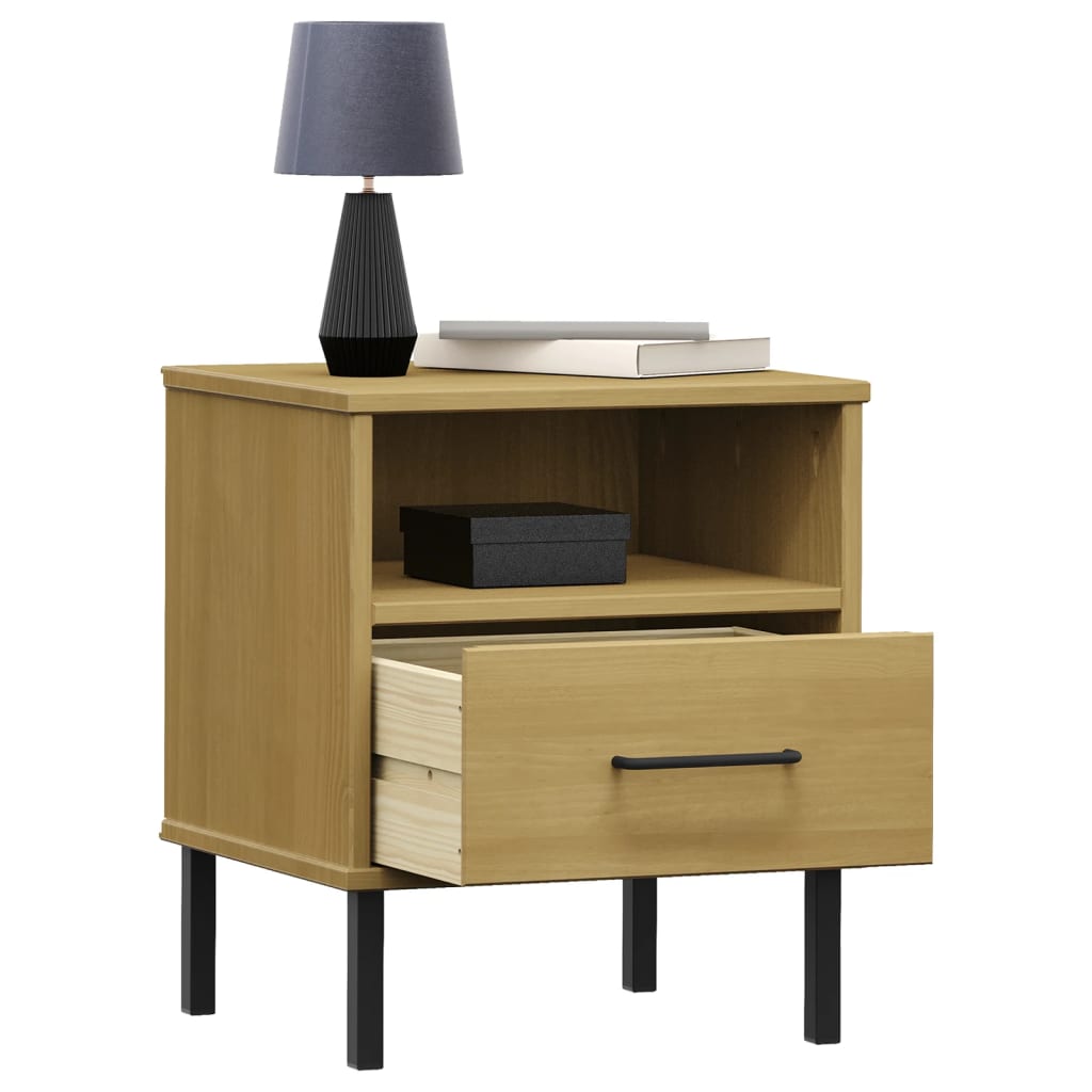 Bedside Cabinet With Metal Legs Solid Wood Pine Oslo