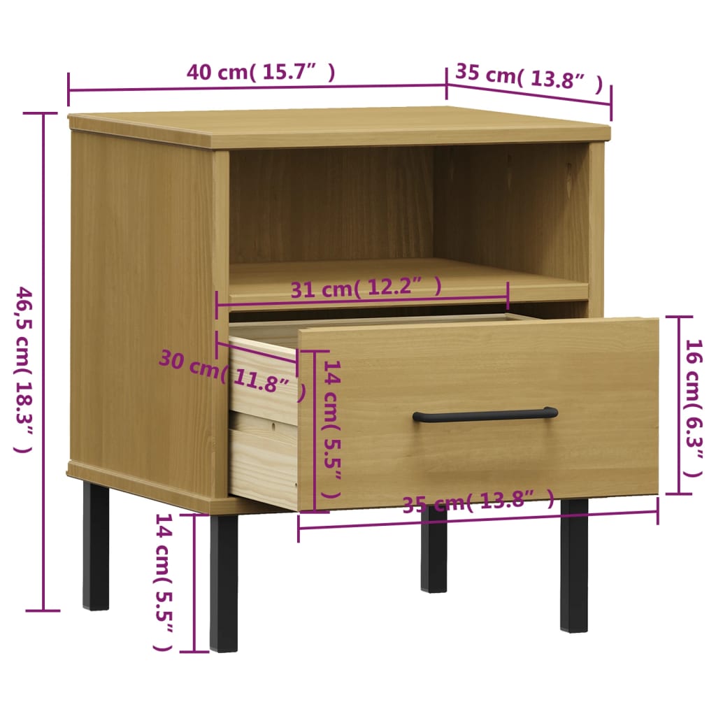 Bedside Cabinet With Metal Legs Solid Wood Pine Oslo