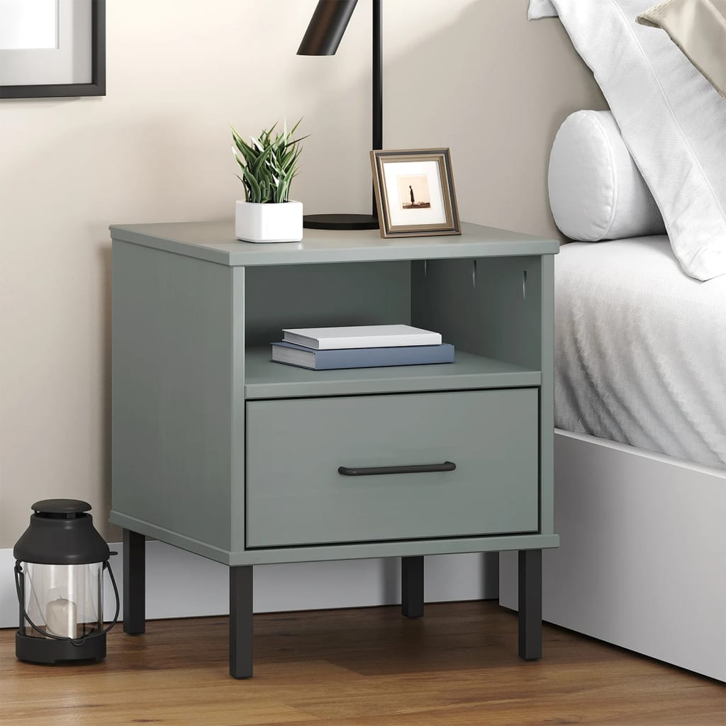 Bedside Cabinet With Metal Legs Solid Wood Pine Oslo