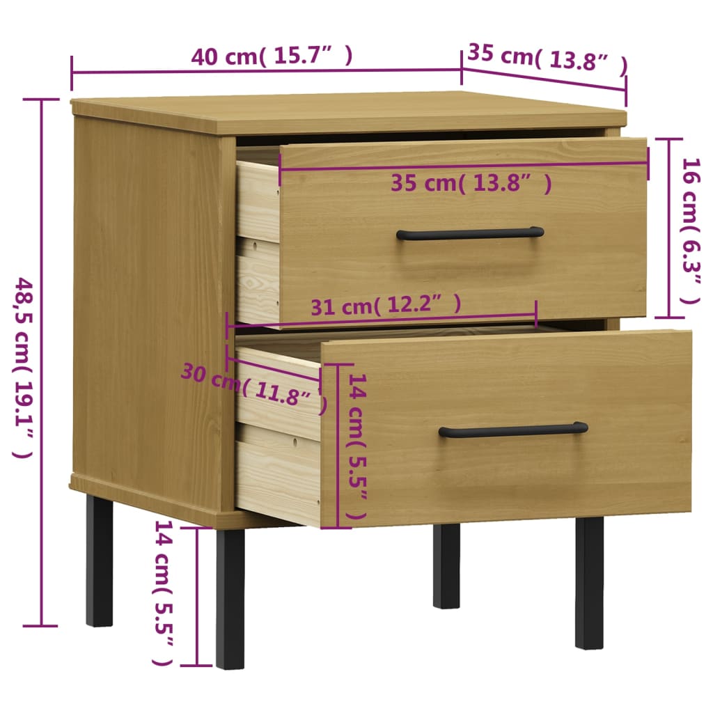 Bedside Cabinet With Metal Legs Solid Wood Pine Oslo