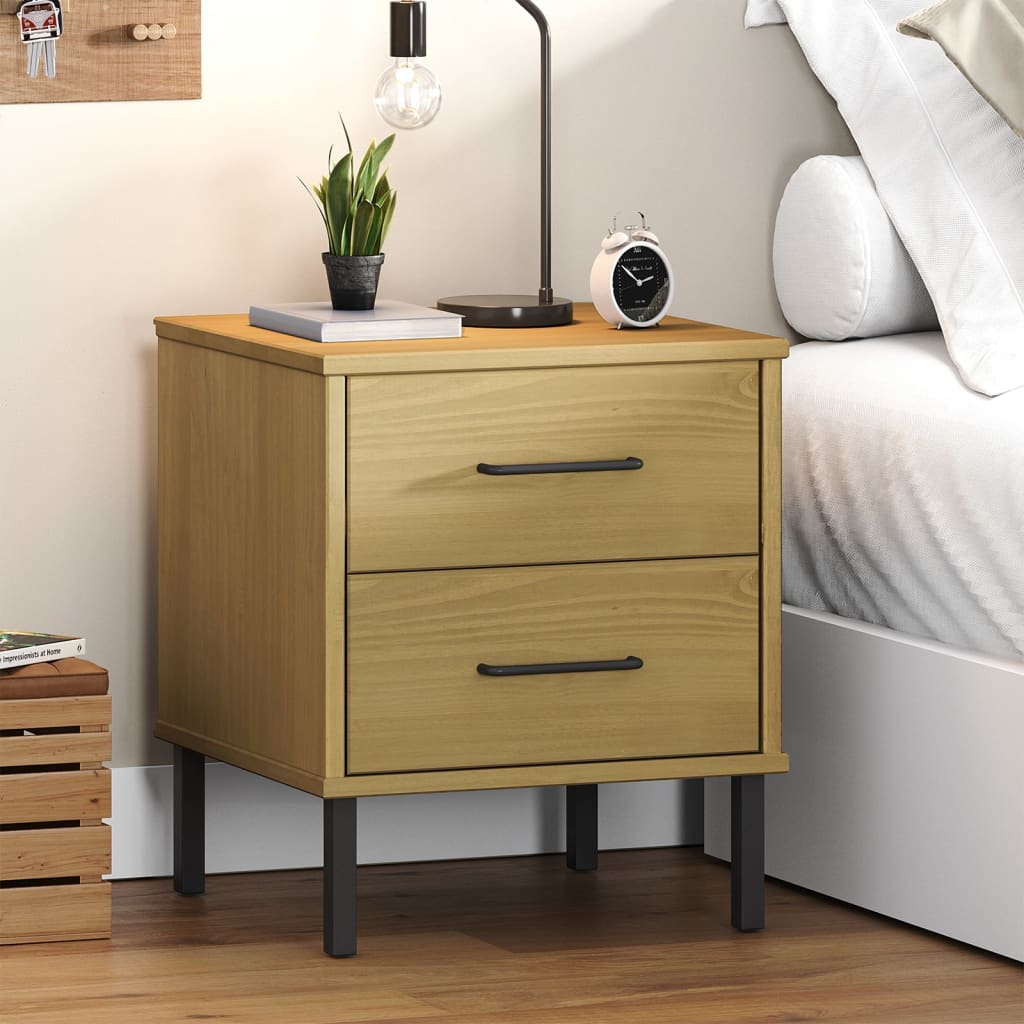 Bedside Cabinet With Metal Legs Solid Wood Pine Oslo