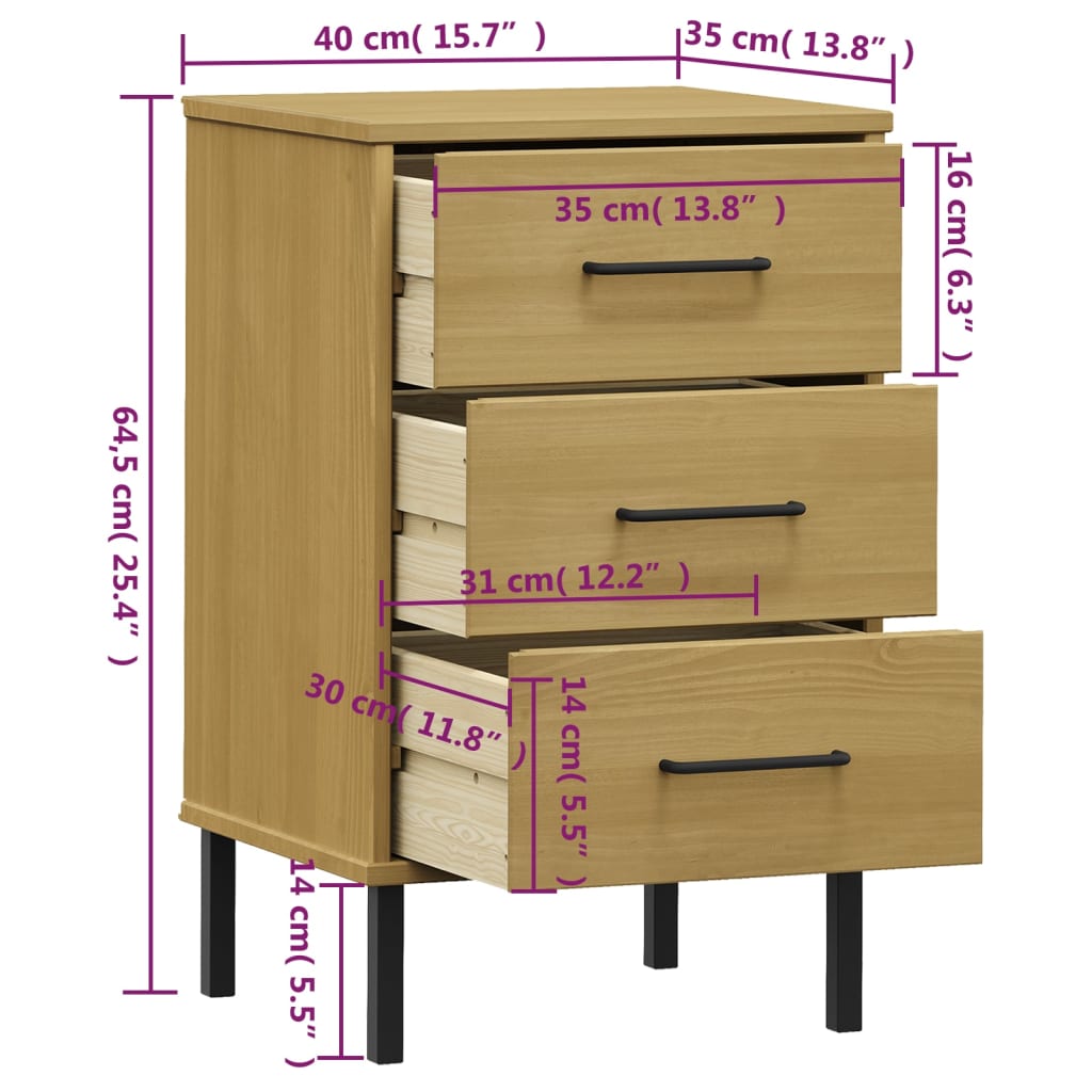 Bedside Cabinet With Metal Legs Solid Wood Pine Oslo