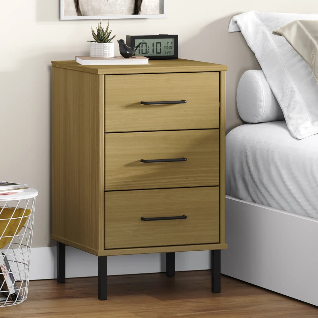 Bedside Cabinet With Metal Legs Solid Wood Pine Oslo