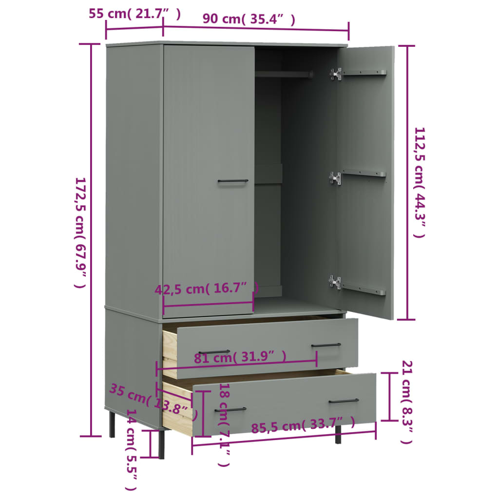 Wardrobe With Metal Legs 35.4&quot;X21.7&quot;X67.9&quot; Solid Wood Oslo