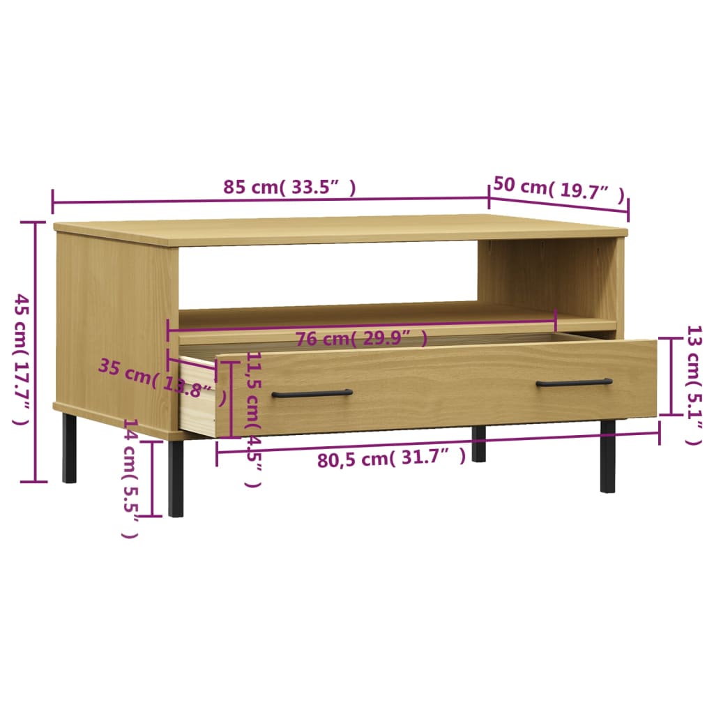 Coffee Table With Metal Legs 33.5&quot;X19.7&quot;X17.7&quot; Solid Wood Oslo