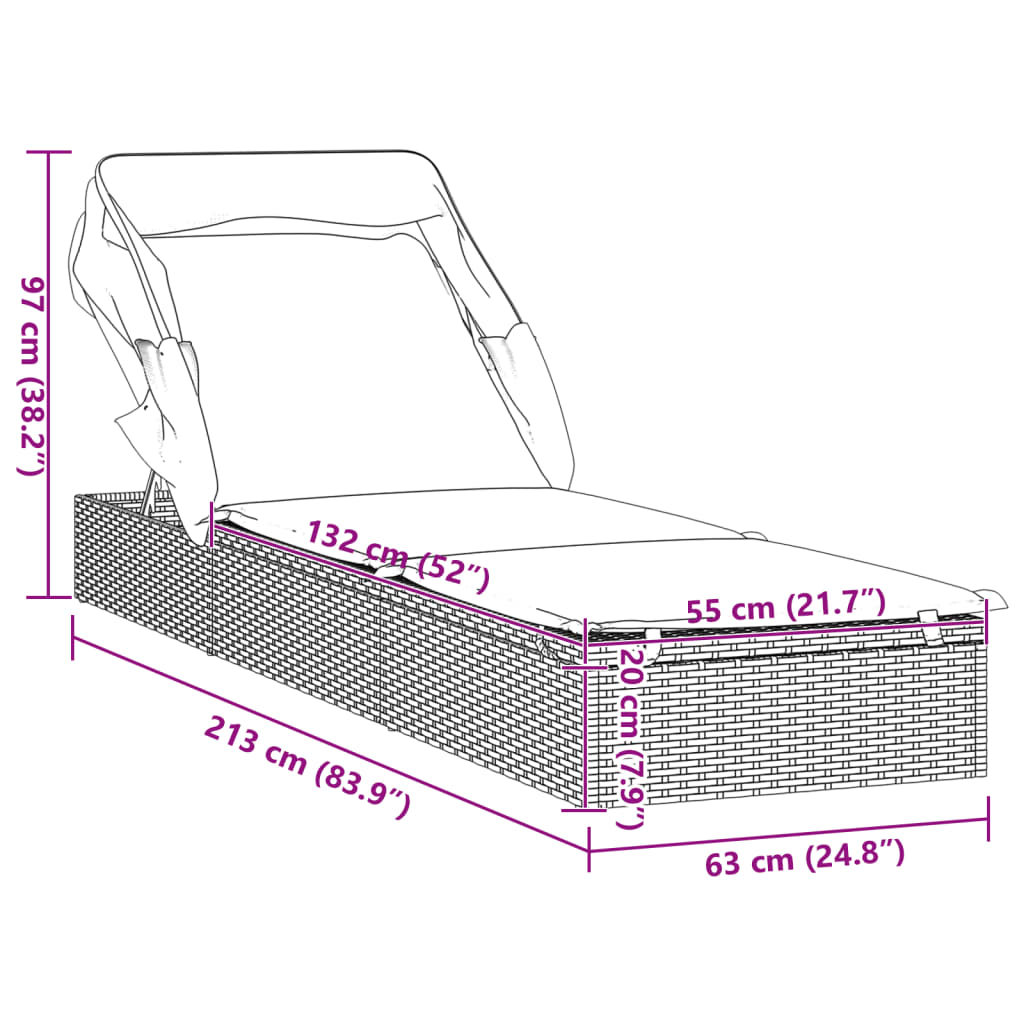 Sunbed With Foldable Roof 83.9&quot;X24.8&quot;X38.2&quot; Poly Rattan